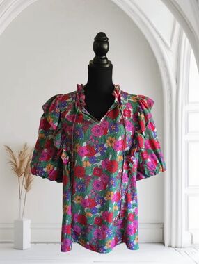 June & Jo Floral Bubble Ruffle Sleeve Blouse, Size XL